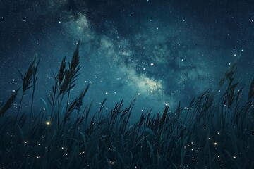 : A starry night sky over a peaceful prairie with tall grasses. - obrazy, fototapety, plakaty