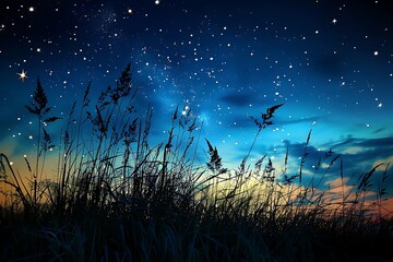 : A starry night sky over a peaceful prairie with tall grasses.