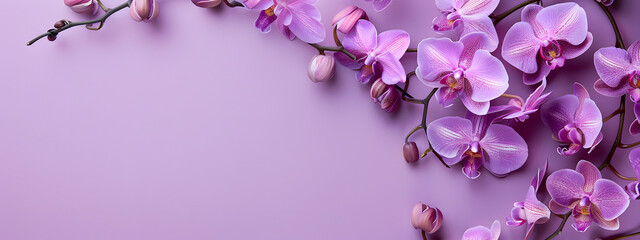 Purple orchids border a frame on a purple background with copy space. in a flat lay top view - obrazy, fototapety, plakaty