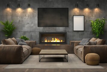Modern interior of a living room with a fireplace