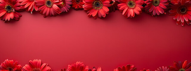 Red daisies border a frame on a red background with copy space. in a flat lay top view