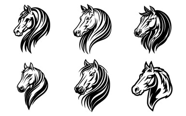 Horse head icons set in black and white colors isolated vector illustration