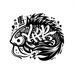 koi fish silhouette, animal graffiti tag, hip hop, street art typography illustration.