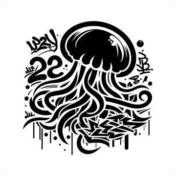 jellyfish silhouette, animal graffiti tag, hip hop, street art typography illustration.