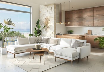 Modern interior of living room and kitchen in white color with wooden elements