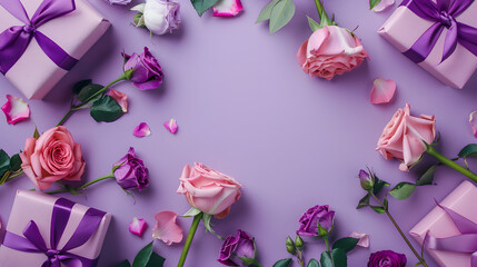 Stunning roses and present parcels on a lavender backdrop with blank space for inscription. illustrating a Joyful Birthday concept. Displayed in a flat lay manner from an overhead perspective