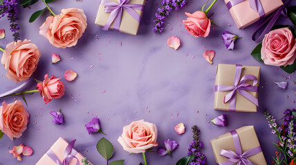 Stunning roses and present parcels on a lavender backdrop with blank space for inscription. illustrating a Joyful Birthday concept. Displayed in a flat lay manner from an overhead perspective