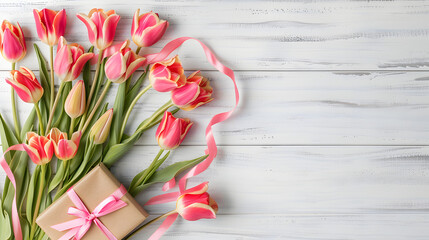 Tulips and gift box on white wooden background. flat lay top view