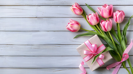 Tulips and gift box on white wooden background. flat lay top view
