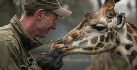 A man is feeding a giraffe a piece of food in a zoo or wildlife park setting. The giraffe is reaching down with its long neck to accept the offering