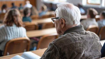An elderly man is sitting attentively in a lecture hall, surrounded by rows of empty seats