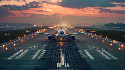 A striking image capturing an airplane on the runway, preparing for takeoff or just landing. 
