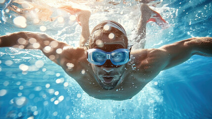 A man wearing goggles swims in a pool