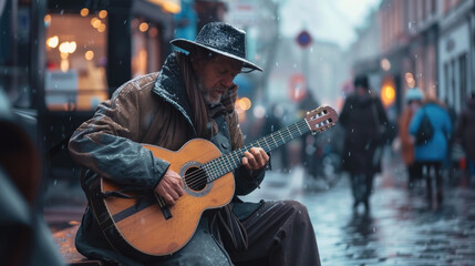 A man is seated on a bench, playing a guitar