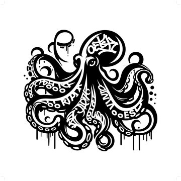 Octopus silhouette, animal graffiti tag, hip hop, street art typography illustration.
