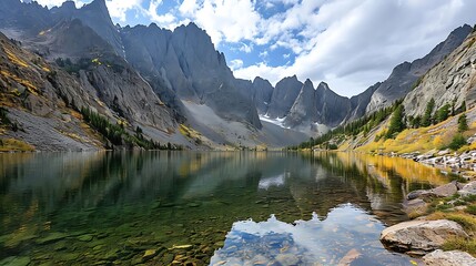 A pristine mountain lake reflecting the towering peaks and clear blue sky above, creating a mirror-like surface that mirrors the beauty of nature.