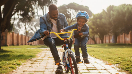A father is guiding his son as he learns to ride a bike for the first time. The father is holding onto the back of the bike, helping his son balance and pedal