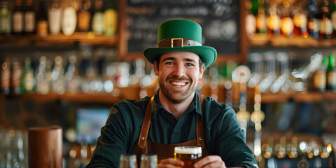 A smiling barman in a green St. Patrick's hat serving beer at a festive celebration. - obrazy, fototapety, plakaty