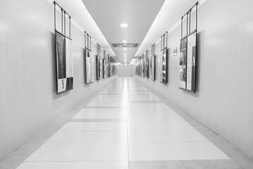 Decorative informative banner mounting on the wall corridor. Black and white 