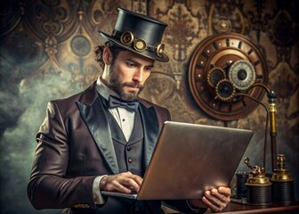 Retro portrait of a sad young man, gentleman, aristocrat or actor on dark vintage background. Retro style, mixing of eras, concept of transience of time - 789692979