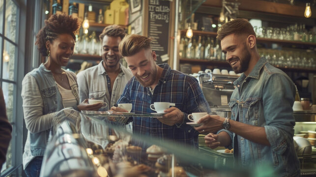 A diverse group of individuals gathered outside a coffee shop, chatting and enjoying their drinks on a sunny day