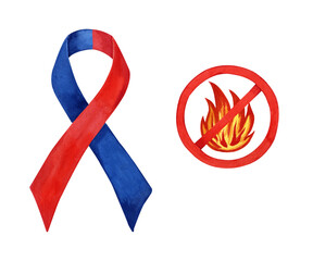 Watercolor blue and red ribbon with fire set. Symbol of International Firefighters' Day. Hand drawn watercolor illustration isolated on tranparent.