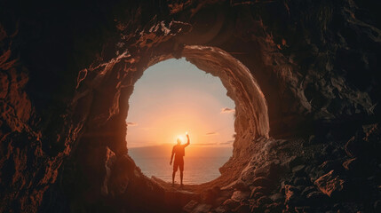 A man stands inside a cave as the sun sets in the background, casting a warm glow on the rocks and creating a dramatic silhouette