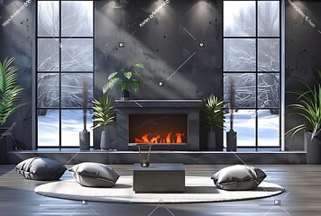 Modern interior of living room with fireplace