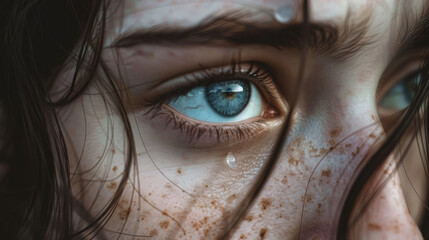 Close-up view of a persons face featuring striking blue eyes