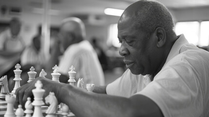 A man deeply engrossed in a game of chess, strategizing his moves on a wooden table