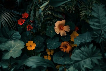 : A summer flowers background with a focus on the contrast between the flowers and the foliage.