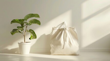 Blank mockup of a stylish canvas laundry tote with a drawstring closure .