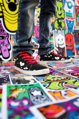 Fototapeta premium A person stands confidently on top of a skateboard on the ground covered in skateboards