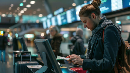 A scene at the airport depicting a traveler doing a check-in at the airline counter. The traveler stands in front of the check-in desk, handing over their passport and boarding pass to the airline