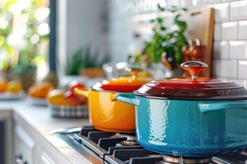 kitchen interior with colorful pots and pan on modern stove 