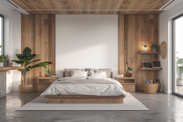 Interior of minimalistic master bedroom with white and wooden walls, concrete floor, comfortable bed and home office corner with table. 3d rendering.