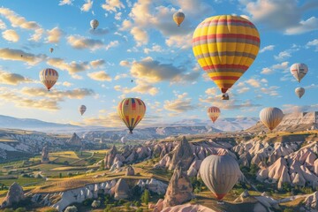 Fototapeta premium Balloon Tourism, Air Balloons in Sky, Mountain Landscape with Ballooning, Turkey Landscape