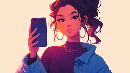 Naklejka premium A cartoon of a young lady holding a cell phone with a blank screen
