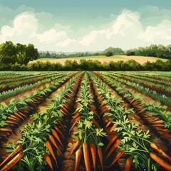 Carrot Field, Carrot Crop, Many Carrots Agriculture Landscape, Vegetable Farm, Drawing Imitation
