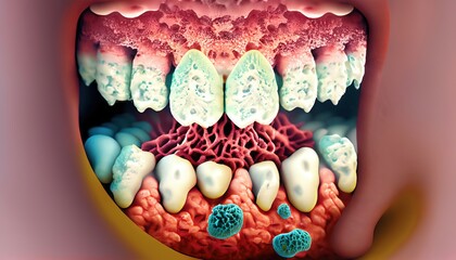 Mouth with teeth with cavities, dental diseases, germs, bacteria. Oral hygiene.