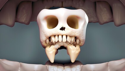 A skull-shaped tooth with cavities