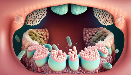 Mouth with teeth with cavities, dental diseases, germs, bacteria. Oral hygiene.