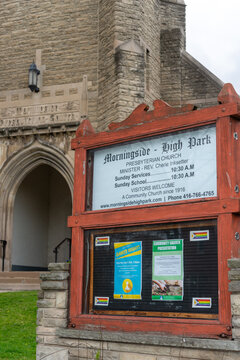 exterior building and sign of Morningside-High Park Presbyterian Church located at4 Morningside Avenue in Toronto, Canada