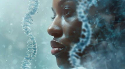 Softly blurred faces of diverse individuals emerge from a misty genomic map highlighting the potential for customized medical treatments based on these unique genetic blueprints. . - obrazy, fototapety, plakaty
