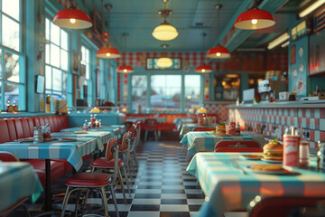 A retro-style diner serving milkshakes and burgers on checkered tablecloths, harkening back to the...