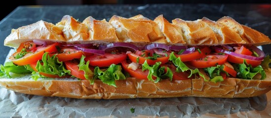 Sub Sandwich With Lettuce, Tomatoes, and Onions