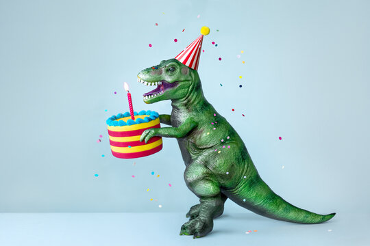 Dinosaur celebrating with a birthday cake with one birthday cand