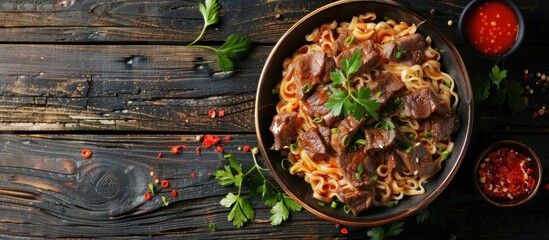 A dish of beef and noodles