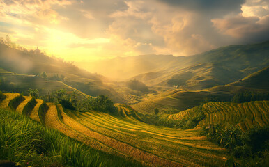 Mu Cang Chai, landscape terraced rice field near Sapa, north Vietnam.