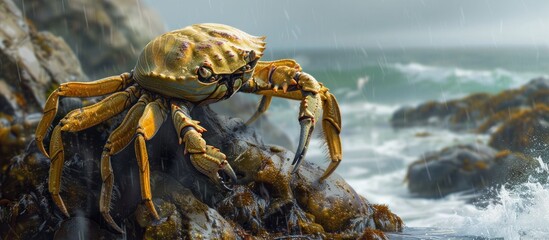 Large Crab Perched on Rock by Ocean - obrazy, fototapety, plakaty